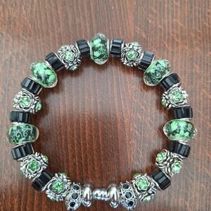 Elegant Handmade Black Glass Dividers and Green and Silver EnçasedBracelet